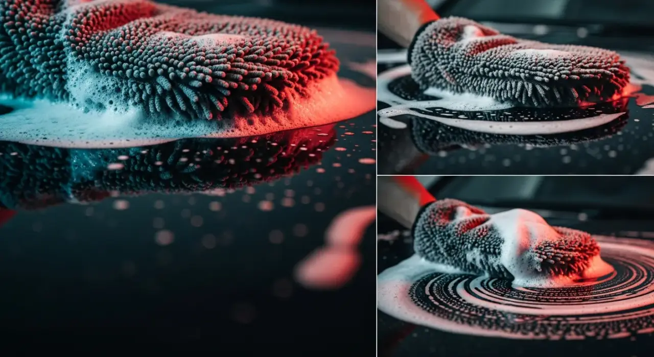 Car Washing Mistakes: The Habits That Wreck Your Paint — a plush microfiber wash mitt and soapy suds on wet glossy car paint