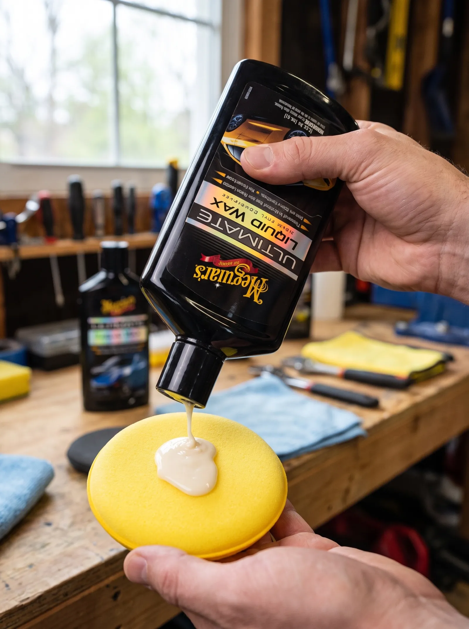 Meguiar’s Ultimate Liquid Wax being applied to a dark car panel with a yellow foam applicator pad
