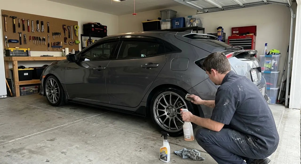 Best Tire Shine (Ranked, No Sling) — a gleaming clean alloy car wheel with a freshly dressed glossy black tire