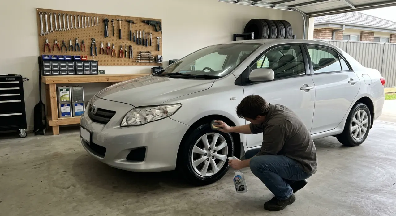 How to Apply Tire Shine (No Sling) — a gleaming clean alloy car wheel with a freshly dressed glossy black tire