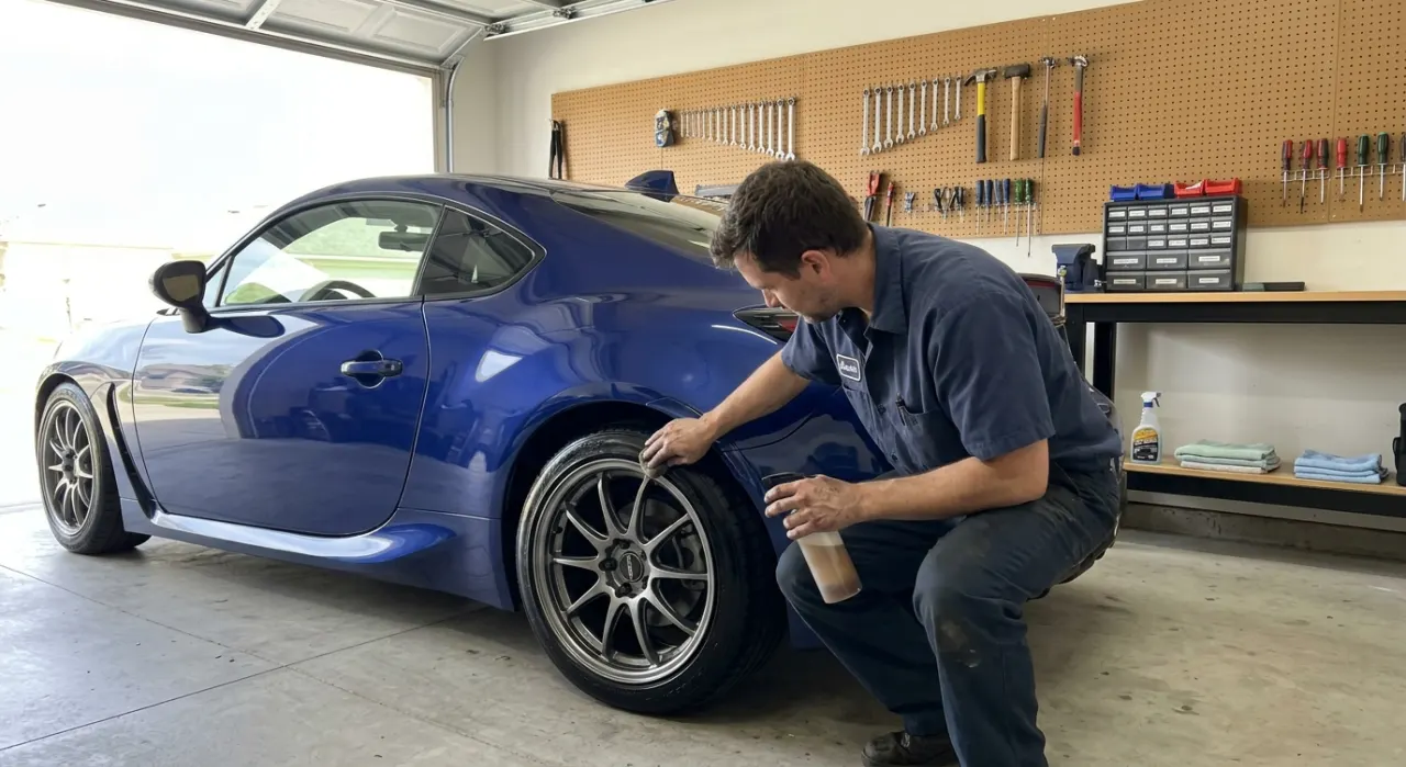 Tire Shine: Water vs Solvent (Which Wins) — a gleaming clean alloy car wheel with a freshly dressed glossy black tire