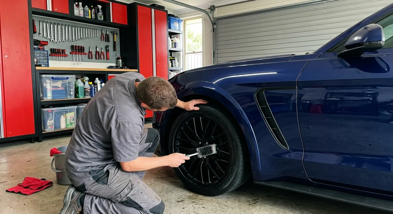 Wheel Detailing Brushes (What Each Does) — a gleaming clean alloy car wheel with a freshly dressed glossy black tire