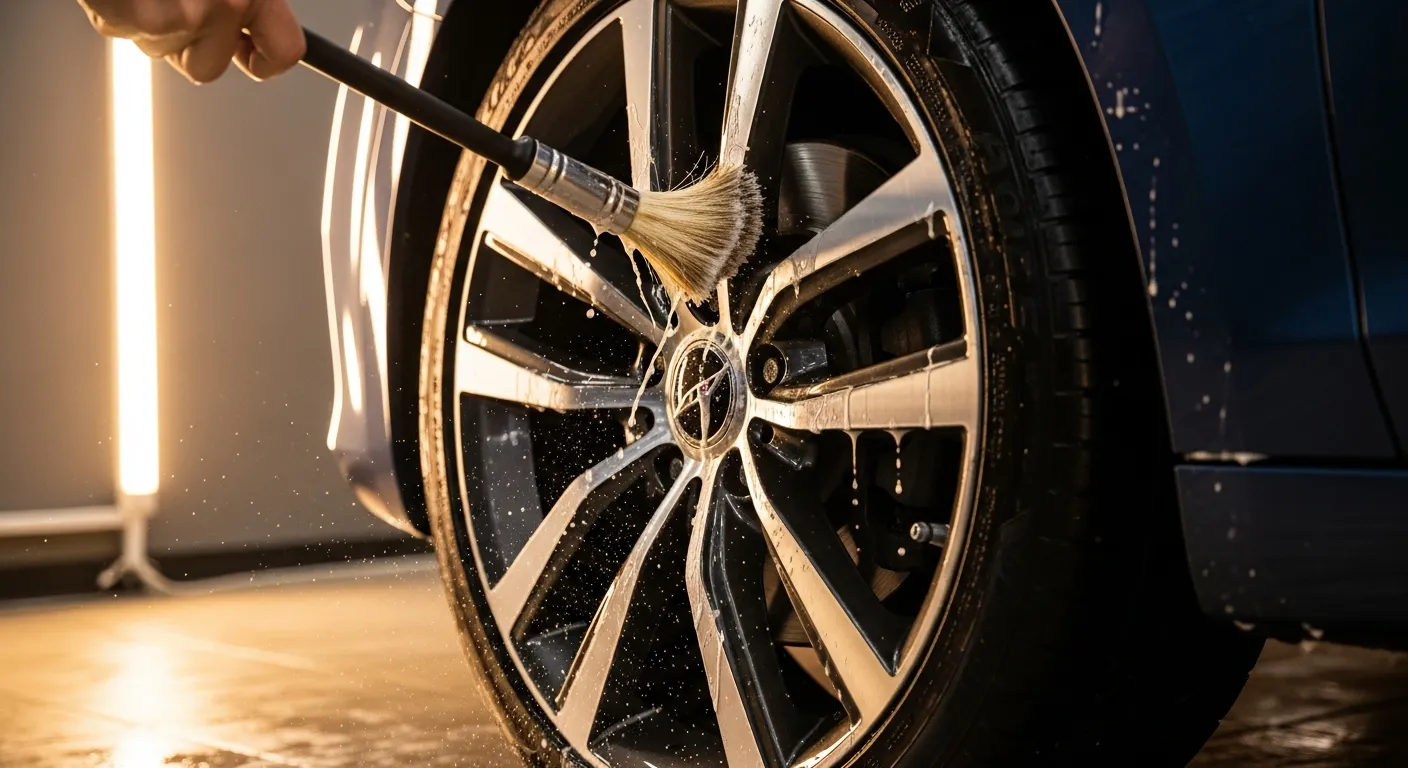 A car alloy wheel and tire being detailed with a brush and wheel cleaner spray at close range